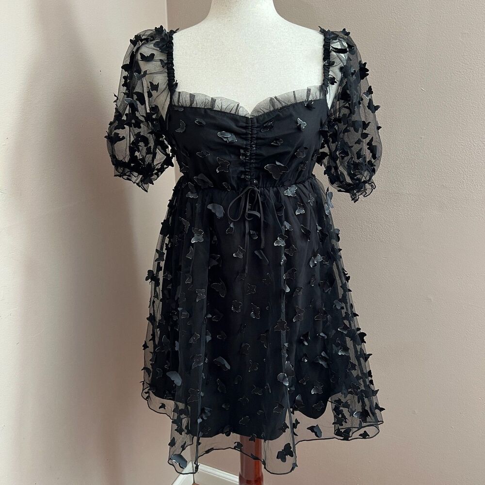 Whimsygoth‎ Thirty/Thirty Black Butterfly Tulle Mini Dress Fairy Puff Sleeve M